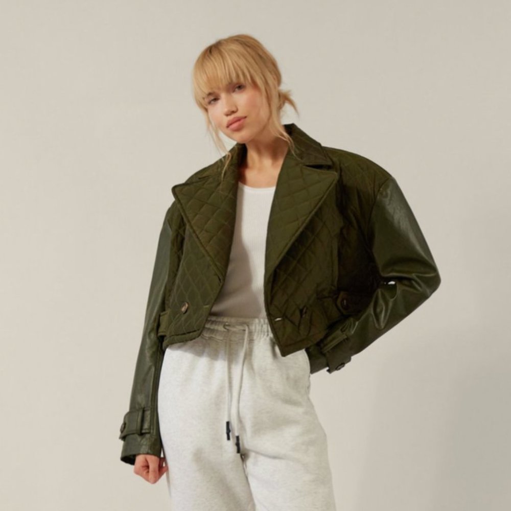 Nasty Gal NWT Crop Quilted Mac Olive Green Cropped Waterproof Jacket 6